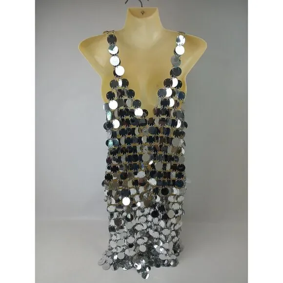 Paco Rabanne Women's Silver Sparkle Discs Chainmail Mini Dress Size 38 FR $4150+ - Picture 4 of 8